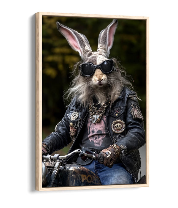 Biker Rabbit Canvas - Funny Anthropomorphic Hairy Rabbit Float Effect Art Print