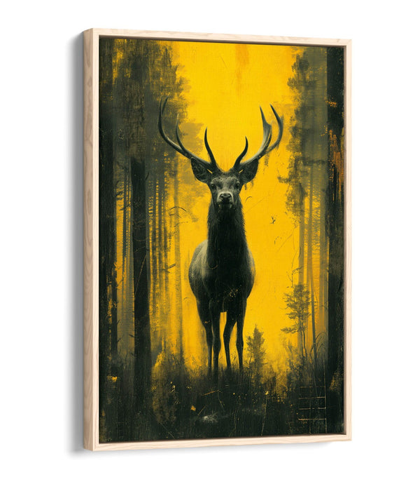 Stag Canvas Art – Black Yellow Silhouette on Float Effect Frame | Wildlife Wall Art