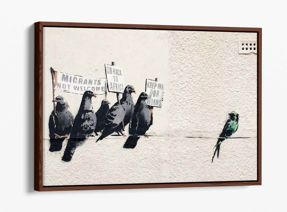 BANKSY RACIST PIGEONS -FLOAT EFFECT CANVAS WALL ART PIC PRINT- BEIGE GREEN WHITE
