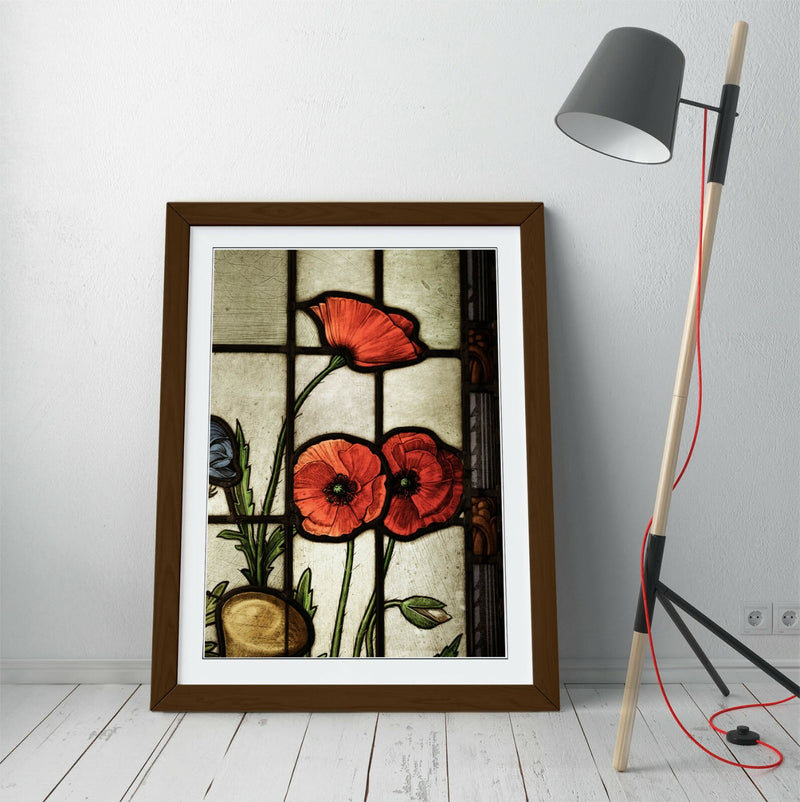 Framed Poster Art - Stained Glass Art Poppy Wall Decor With Woodgrain Frame