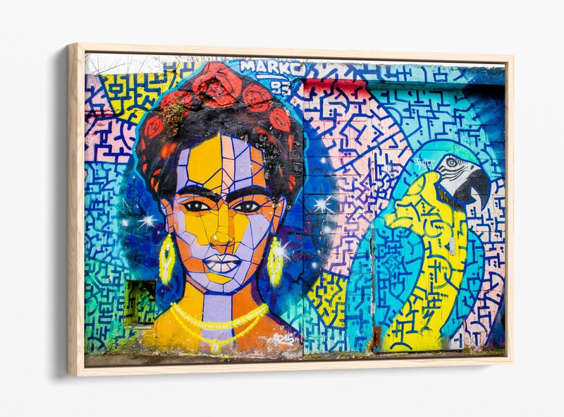 Frida Kahlo Canvas Art - Colorful Parrot Graffiti Decor | Float Effect Wall Print