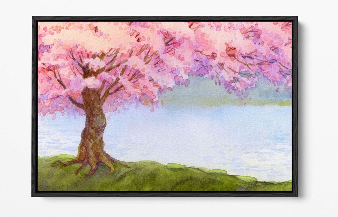 Canvas Wall Art - Pretty Cherry Blossom Tree River Scene Float Effect Print