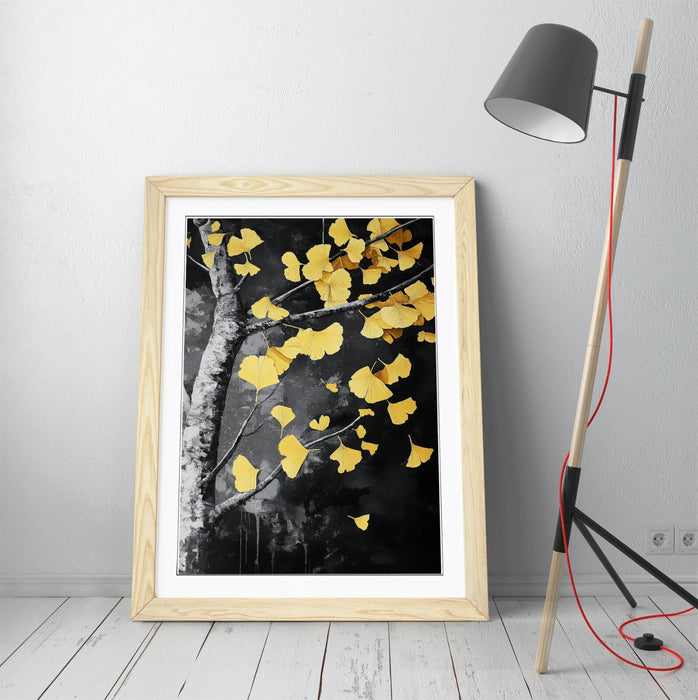 Framed Wall Art - Black and White Tree with Yellow Leaf Poster | UK Made Frames
