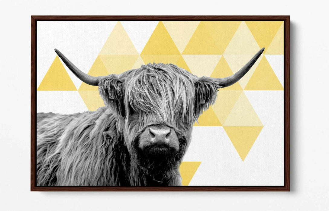 HIGHLAND COW YELLOW SPARSE GEOMETRIC -FLOAT EFFECT CANVAS WALL ART PIC PRINT