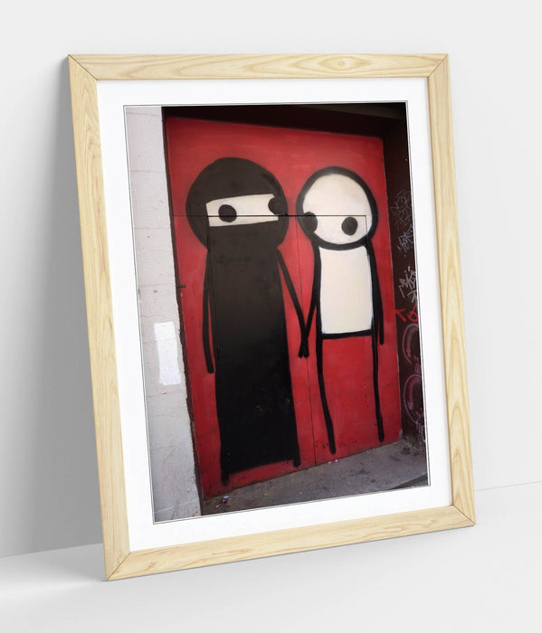 Framed Graffiti Art – STIK Muslim Stick Character Print with Faux Wood Frame