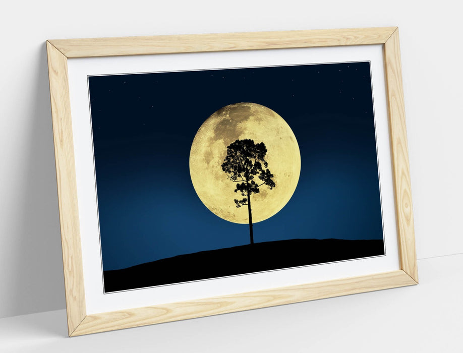 Framed Wall Art Tree Silhouette Poster – Big Moon Night Sky Blue Decor Print