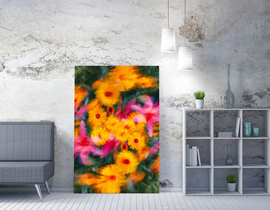 Canvas Wall Art - Colourful Blurred Yellow Pink Flowers Floral Print Ready To Hang