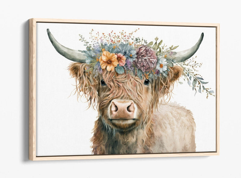 Highland Cow Canvas - Float Effect Canvas Wall Art With Flower Crown Print