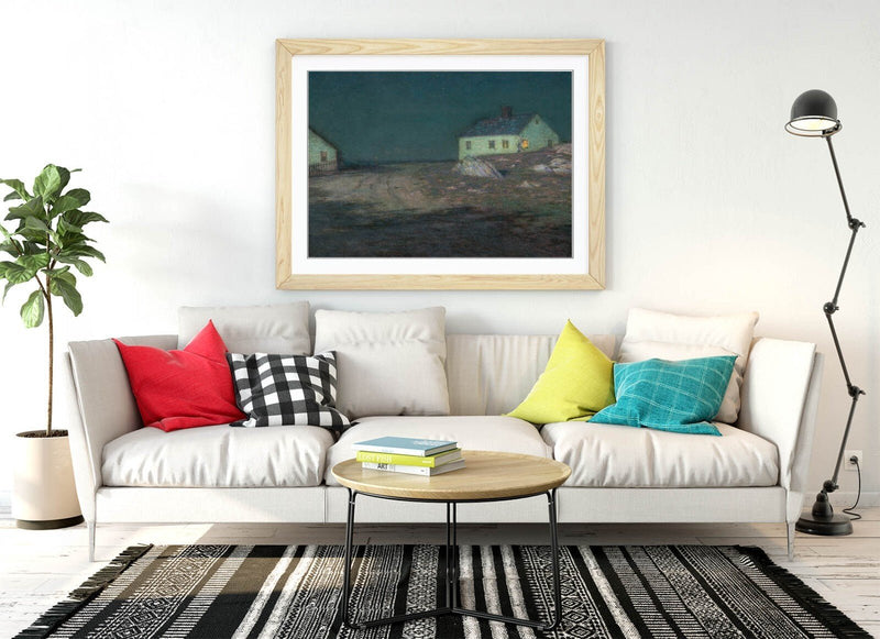 Framed Art Poster – Harbor Light Painting on Matte Paper Print with Natural Wood Frame