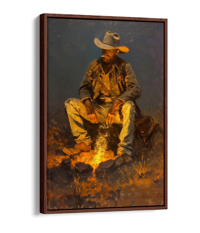 Canvas Art Print – Western Cowboy Campfire Scene With Premium Float Frame