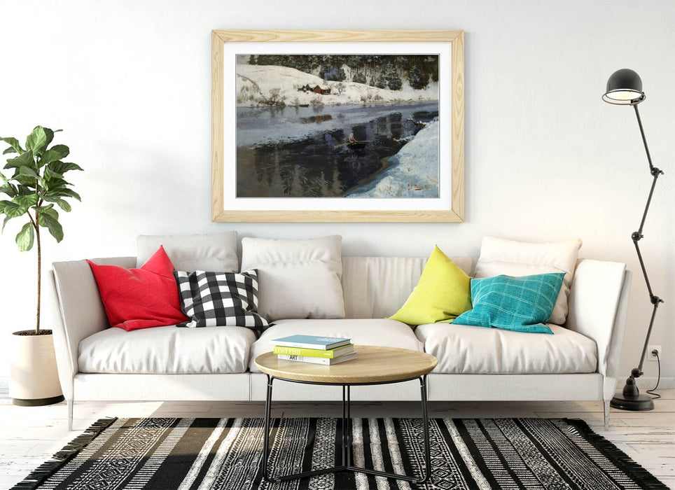 Framed Wall Art – Frits Thaulow Winter River Painting with Woodgrain Frame
