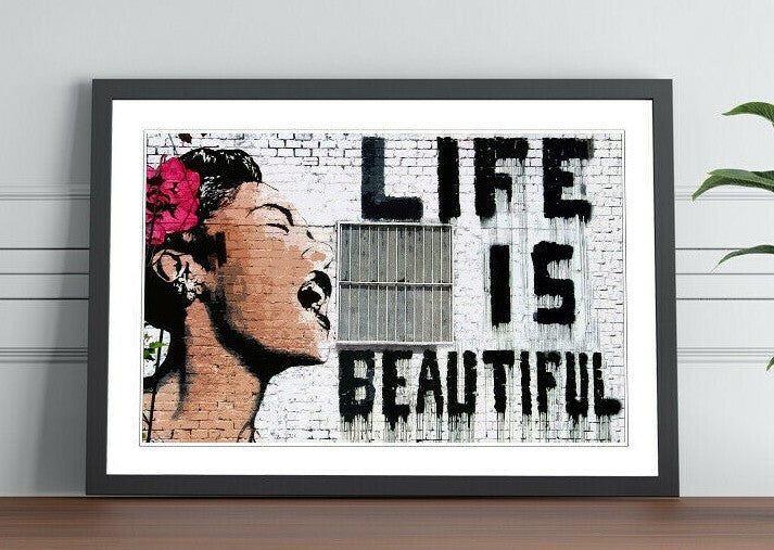 Banksy Framed Poster - Life Is Beautiful Print, Handmade UK Art, Wood Grain Frame