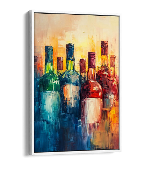 Canvas Wall Art – Abstract Colourful Bottles Of Wine Faded Float Effect Print