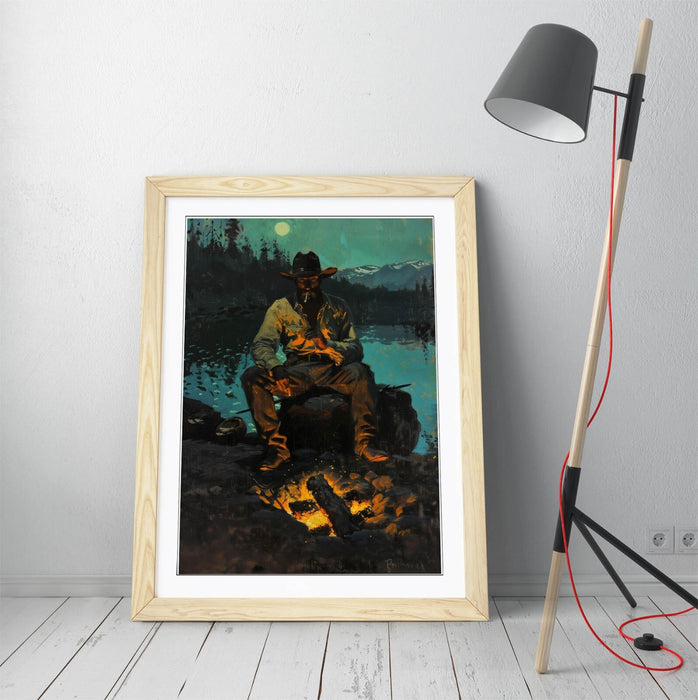 Cowboy Wall Art - Framed Campfire Poster Print With Woodgrain Frame | Rustic Western Decor