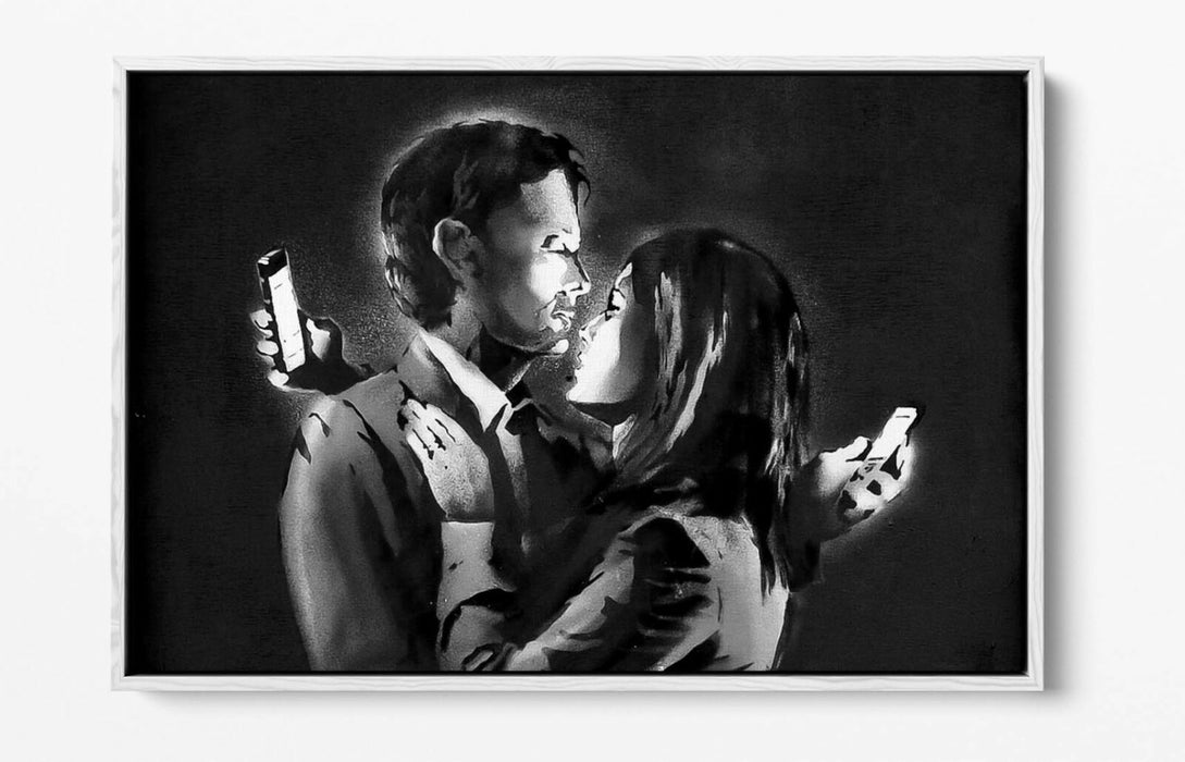 BANKSY MOBILE LOVERS FLOAT EFFECT CANVAS WALL ART PIC PRINT GRAFFITI- GREY WHITE