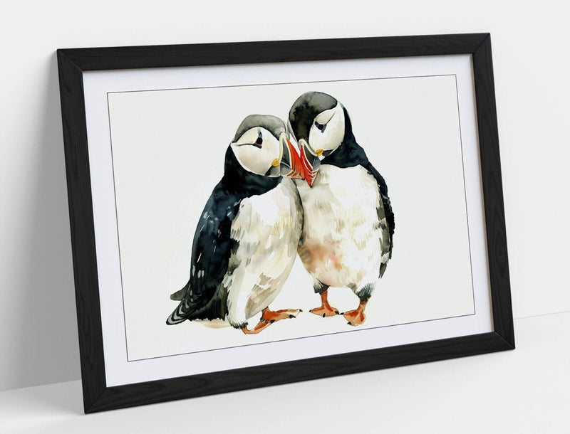 Puffin Love Wall Art - Framed Cute Animal Poster With Woodgrain Picture Frame