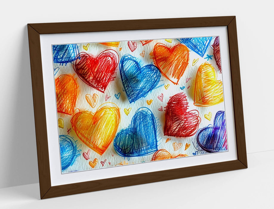 Framed Wall Art Poster – Multi Colour Hearts Print On White Background | Bedroom Decor