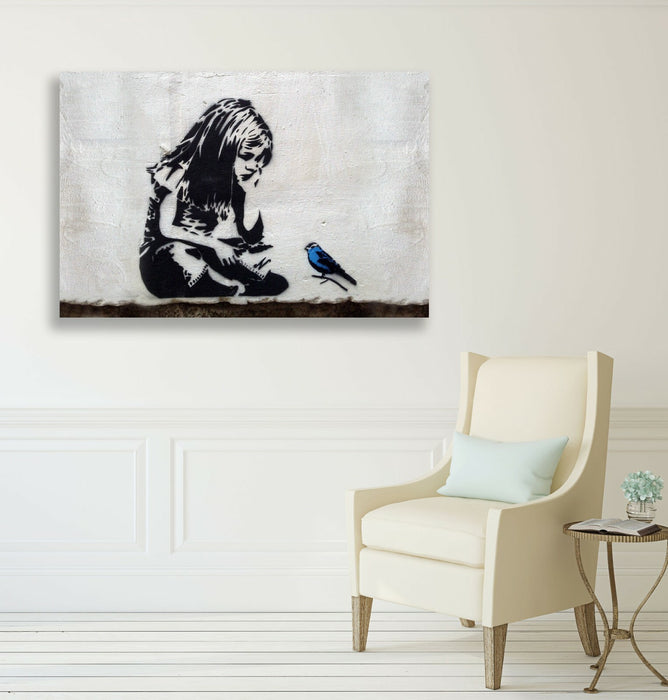 GIRL BLUE BIRD FRAMED CANVAS WALL ART PRINT ARTWORK GRAFFITI BANKSY STYLE