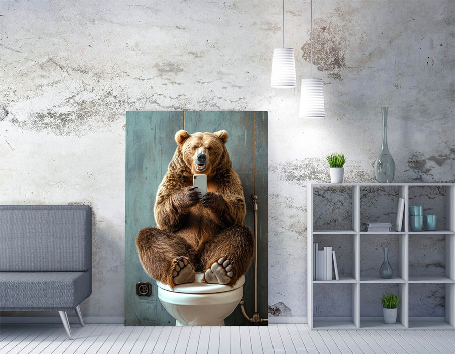 Funny Bear Canvas Art – Humorous Bathroom Wall Decor | Vibrant Toilet Print