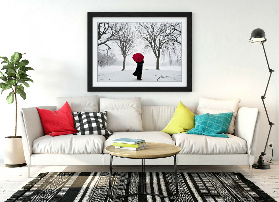 Framed Art Print - Red Umbrella Artwork | Snow Scene Print With Wood Grain Frame