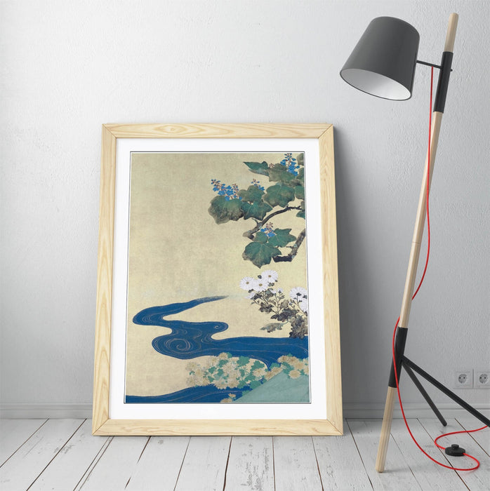 Framed Art Poster | Japanese Floral Wall Art Print with Wood Grain Frame