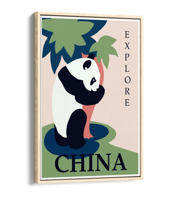 Vintage Travel Poster – Retro Wall Art Panda Canvas Print With Float Effect Frame