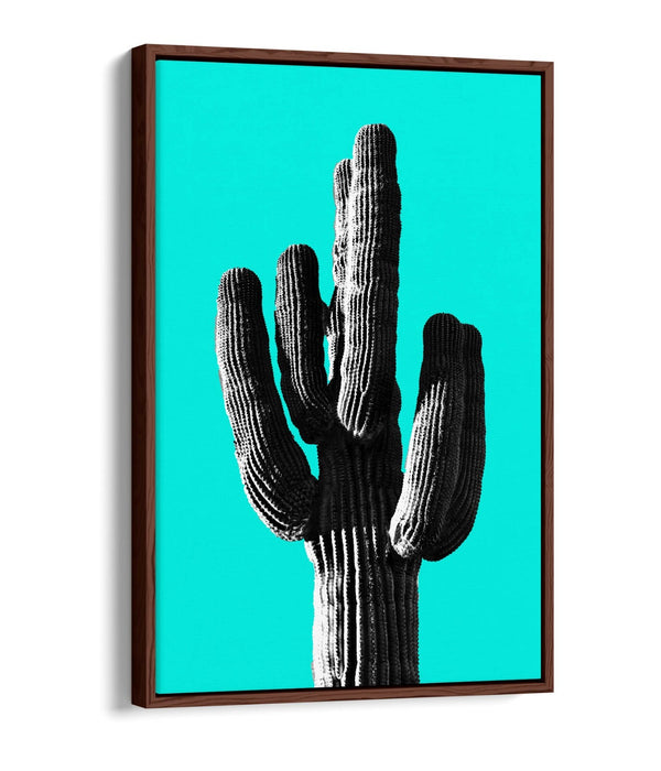 TRENDY B&W CACTUS POP ART CYAN -FLOAT EFFECT CANVAS WALL ART PRINT
