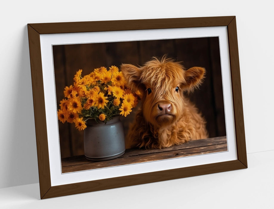 Baby Highland Cow Art – Framed Wall Art Poster Print with Flowers | UK Handmade