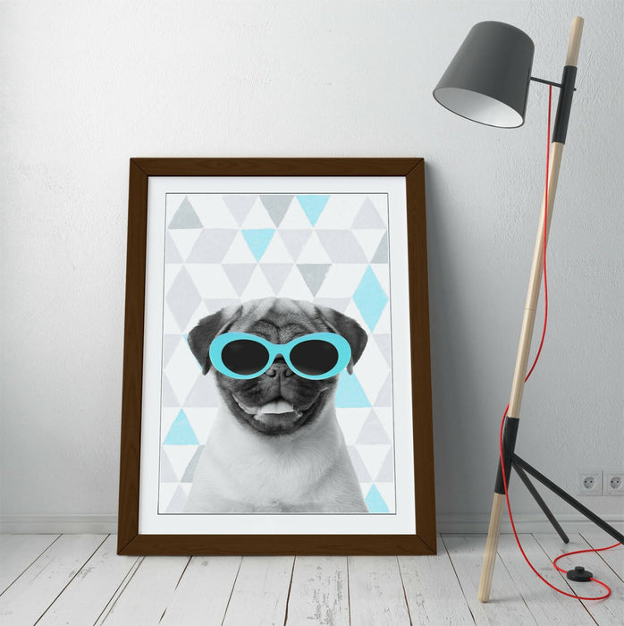 PUG SUNGLASSES TURQUOISE GREY GEOMETRIC -ART FRAMED POSTER PICTURE PRINT ARTWORK