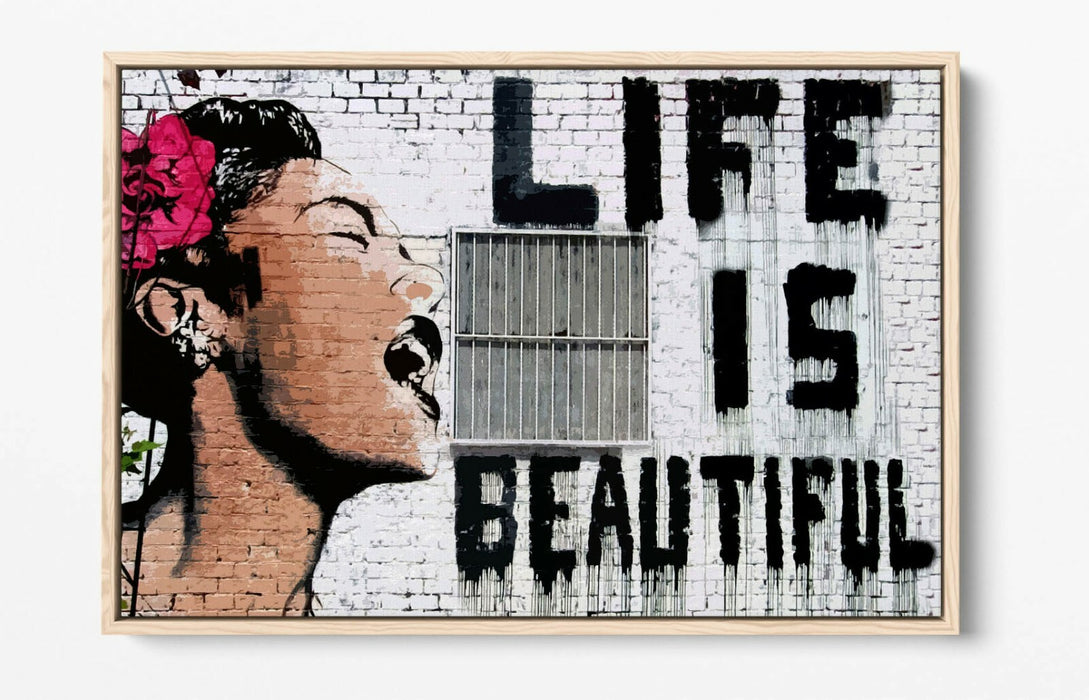 BANKSY LIFE IS BEAUTIFUL -FLOAT EFFECT CANVAS WALL ART PIC PRINT- PINK BLACK