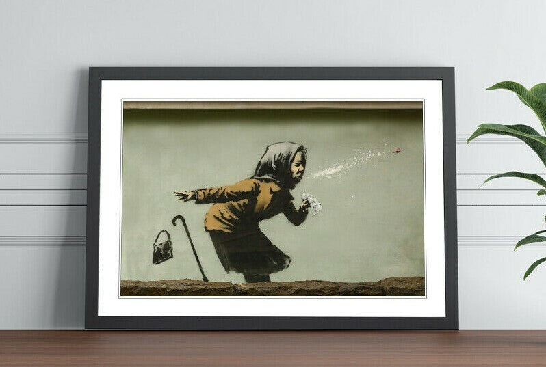 Banksy Framed Poster – Handmade Urban Street Art Print with Woodgrain Frame