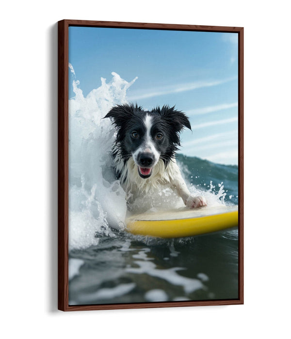 Border Collie Canvas - Funny Surfing Dog Art | Float Effect Handmade Wall Art