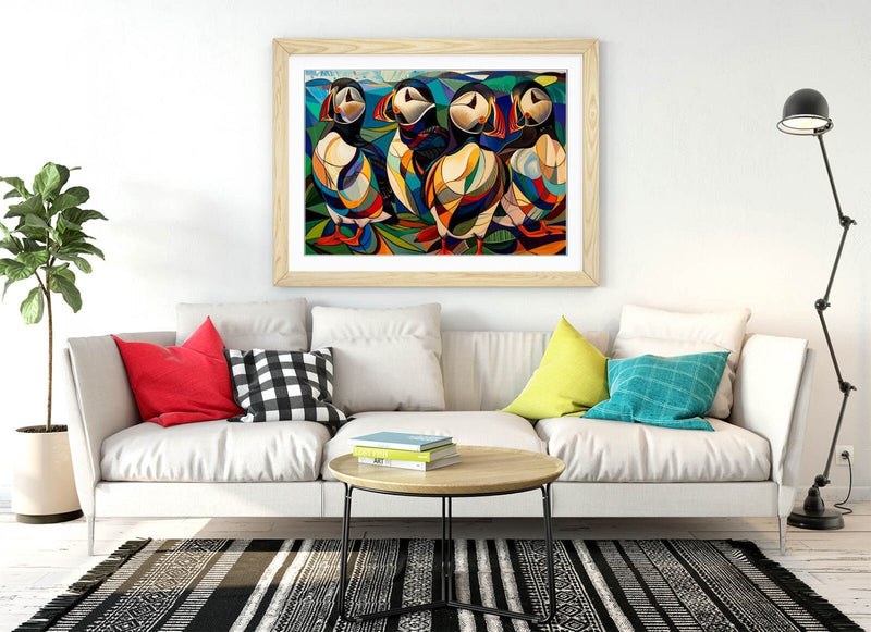 Puffins Wall Art – Framed Bird Print on Matte Paper with Natural Wood Frame