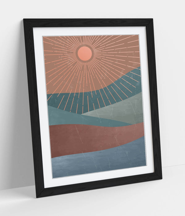 Framed Wall Art Abstract Sun Rays Mountain Art Print – Matte Paper Poster, Ready to Hang