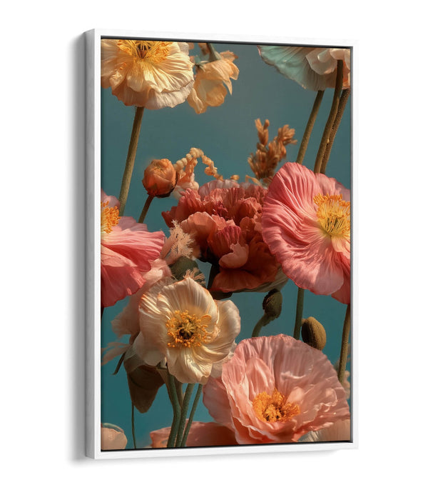Pink White Flower Canvas - Floral Wall Art With Float Effect Frame, Ready To Hang