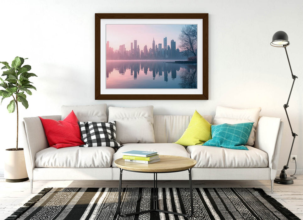 City Skyline Wall Art – Framed Urban River Reflection Poster Print with Woodgrain Frame