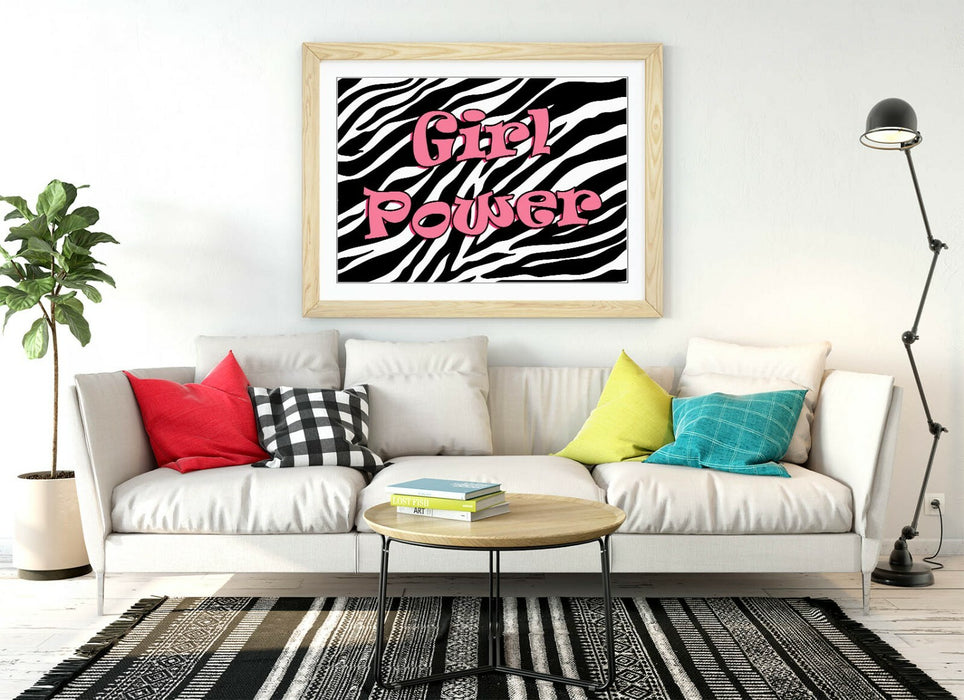 "GIRL POWER" FUNKY Y2K FEMINIST QUOTE ZEBRA -FRAMED WALL ART PICTURE PRINT- PINK