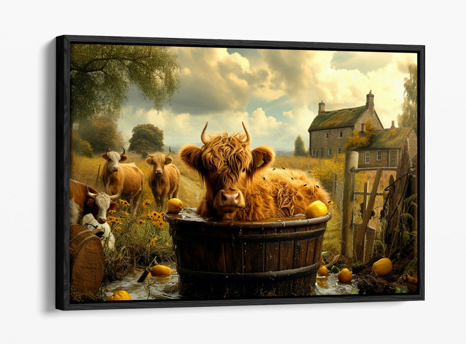 Float Effect Canvas Art – Highland Cow Print on MDF Frame | Rustic Bathroom Decor