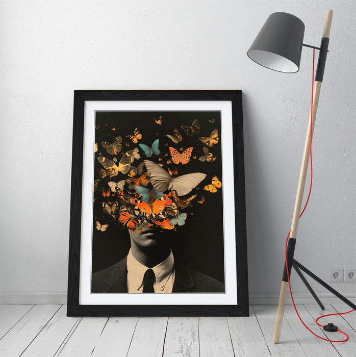 Framed Wall Art - Contemporary Man Portrait Poster with Butterflies | Handmade UK Frame