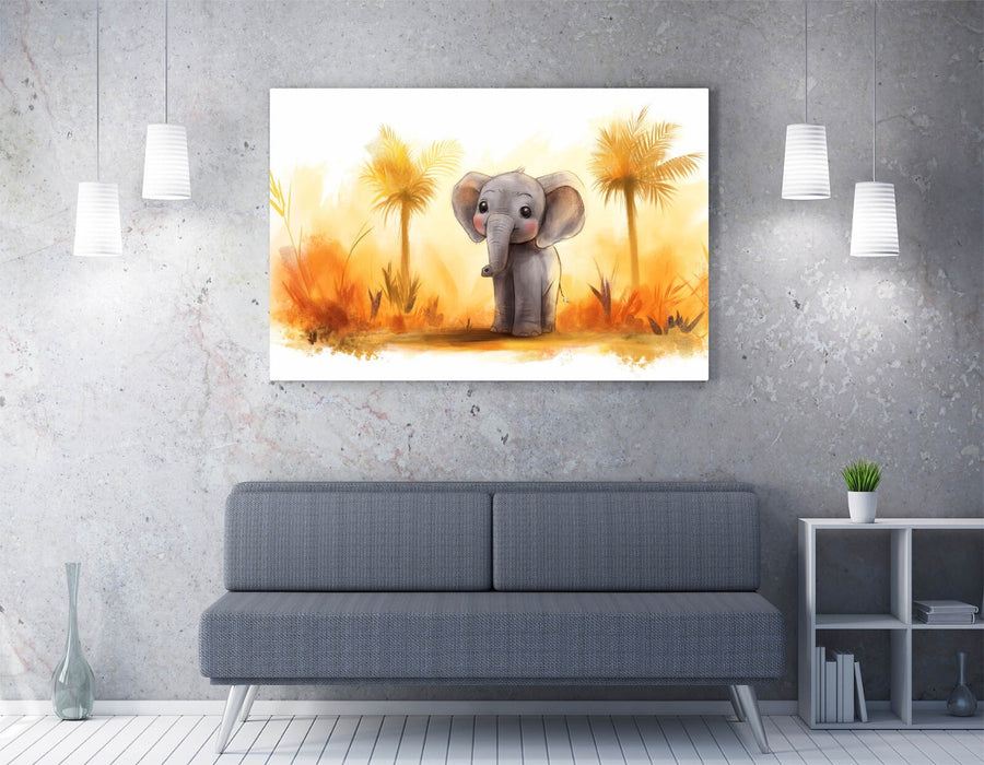 Canvas Wall Art - Cute Cartoon Elephant Safari Landscape Print | Handmade Vibrant Decor