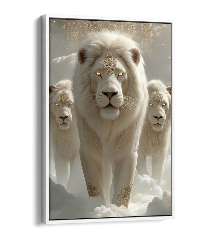 White Lions Canvas Art - Mystical Fantasy Wall Art With Float Effect Frame