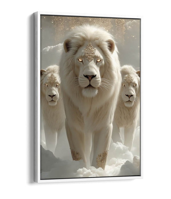 White Lions Canvas Art - Mystical Fantasy Wall Art With Float Effect Frame