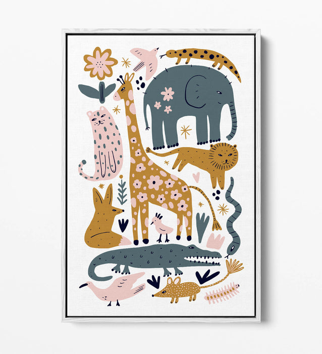 Safari Animals Canvas - Kids Bedroom Decor | Wild Animal Wall Art With Float Effect