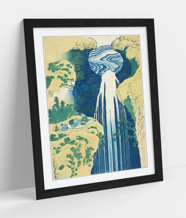Framed Art Poster – Hokusai Amida Falls Artwork with Wood Grain Frame, Matte Paper Print