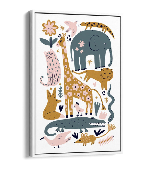 Safari Animals Canvas - Kids Bedroom Decor | Wild Animal Wall Art With Float Effect