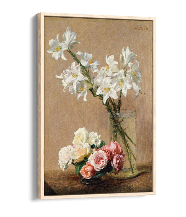Float Effect Canvas Art - Henri Fantin-Latour Roses And Lilies Print On Premium Frame