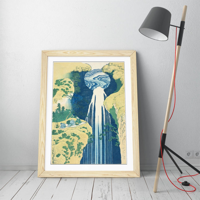 Framed Art Poster – Hokusai Amida Falls Artwork with Wood Grain Frame, Matte Paper Print