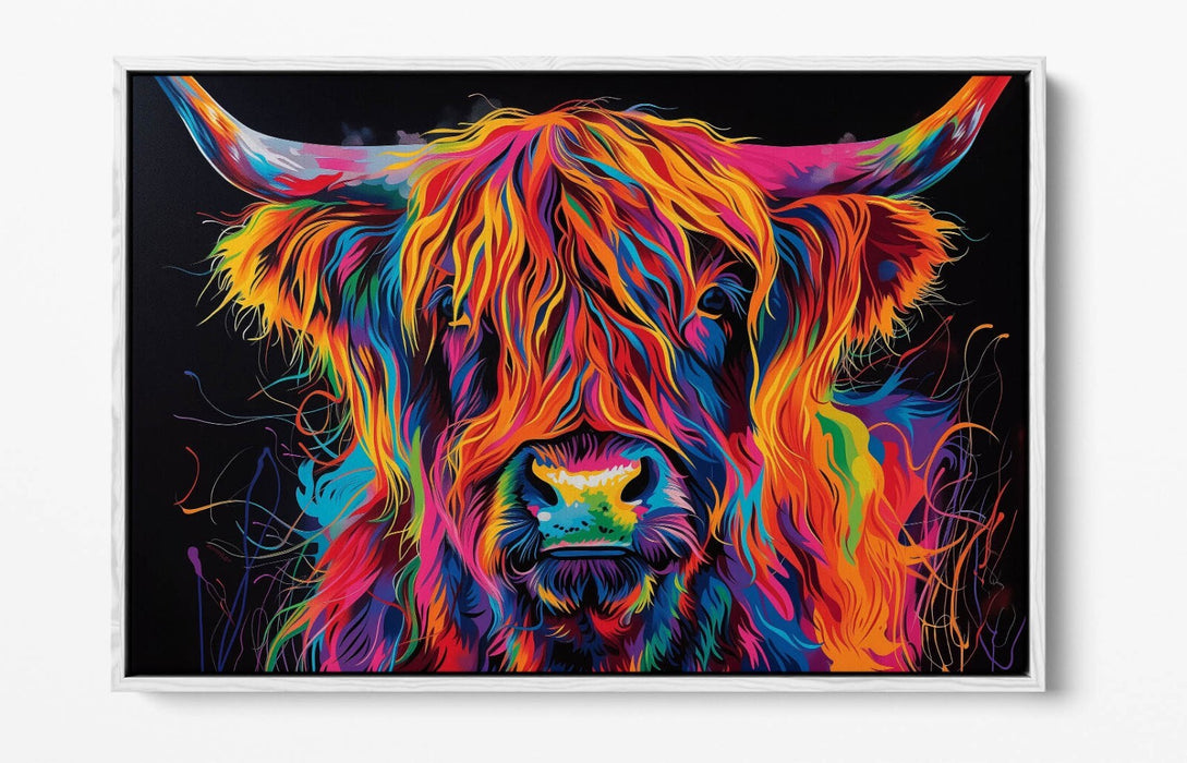 COOL MULTI COLOUR HIGHLAND COW CONTEMPORARY DECOR FLOAT EFFECT CANVAS ART PRINT