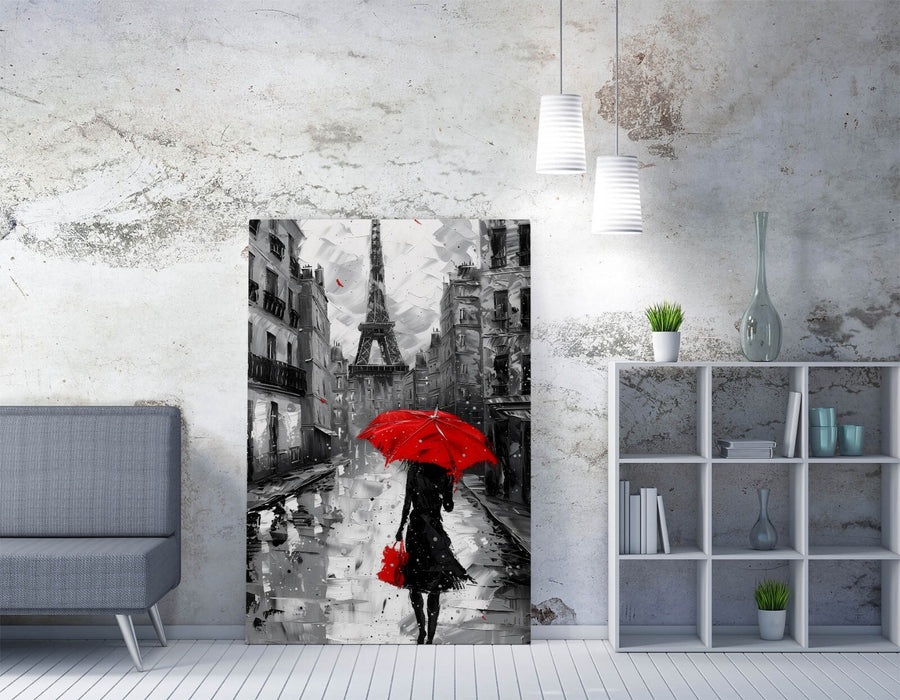 Red Umbrella Canvas - Paris City Print Woman Black White Wall Art | Premium Varnish Finish