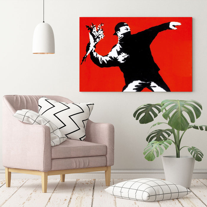 BANKSY LOVE IS IN THE AIR FLOWER CANVAS WALL ART PRINT ARTWORK GRAFFITI RED